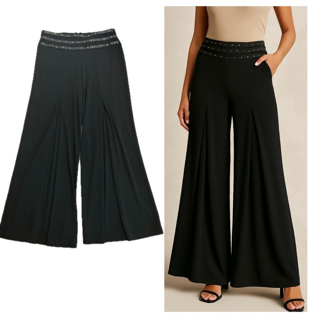 Joseph Ribkoff black wide leg front pleated gold stud waist trouser dress pant 6